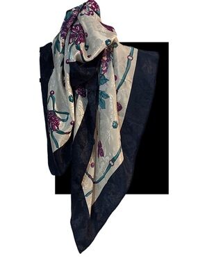 Luxury Vintage Floral with Border Silk Scarf - Navy, Cream & Purple